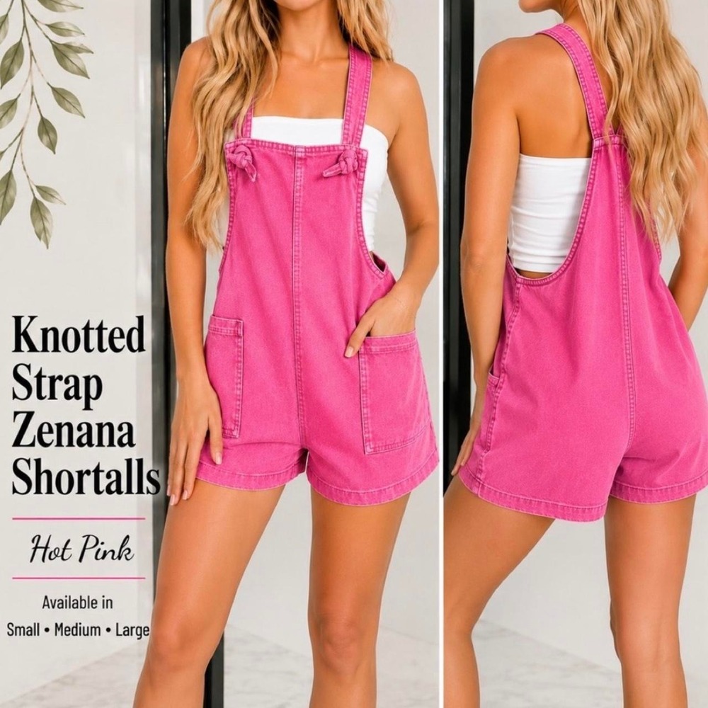 NWT Zenana Hot Pink Denim Shortalls Knot Adjustable Straps Size Medium